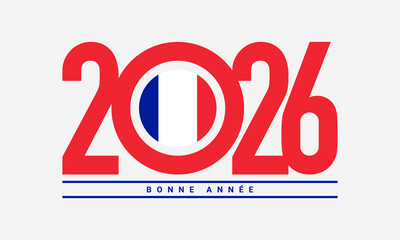 Template design for New Year 2026 celebration with France flag on white background.