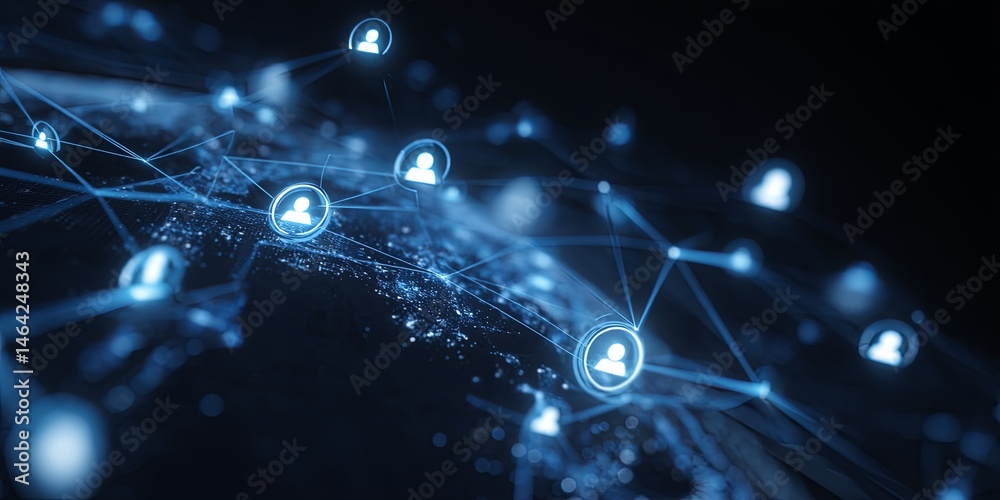 Aufkleber Digital Communication Network Concept with User Icons and Bright Blue Nodes on Geographical Background for Technology and Social Media Themes