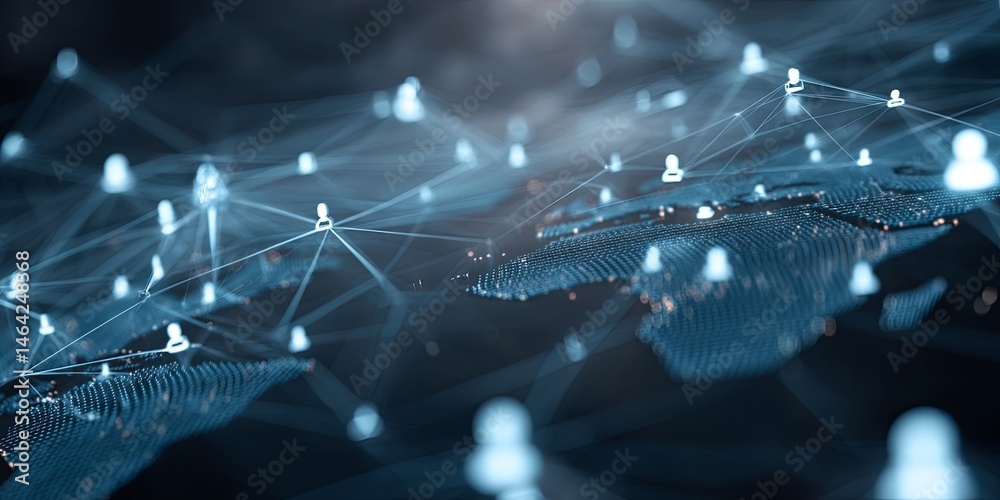 Poster Digital Communication Network Concept with User Icons and Bright Blue Nodes on Geographical Background for Technology and Social Media Themes