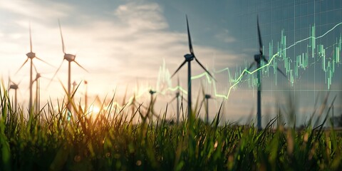 Sunrise Over Green Grass with Wind Turbines and Digital Financial Graphs Illustrating Growth and Sustainability Concepts in Renewable Energy