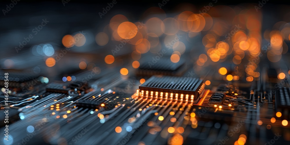 Poster a circuit board with glowing fibers, highlighting technology, innovation, and electronic components 