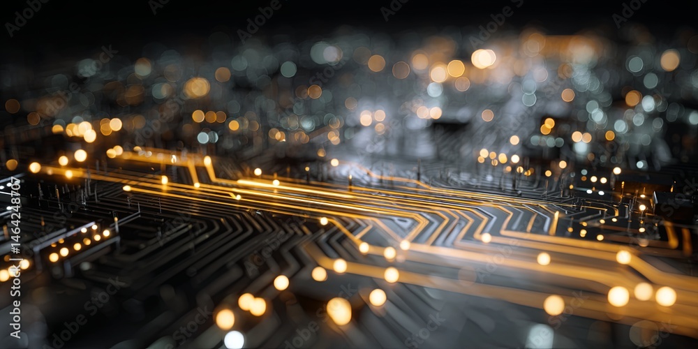 Poster a circuit board with glowing fibers, highlighting technology, innovation, and electronic components 