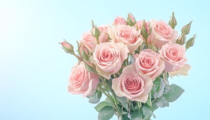 A bouquet of pale pink roses against a light blue background