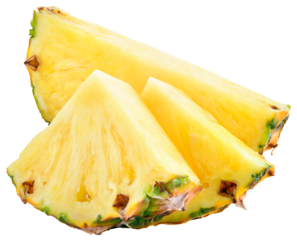 Pineapple isolated png. Pineapple slice on transparent background. Cut pineapple no background. Pineapple half of slice and pieces on transparent png. Full depth of field.
