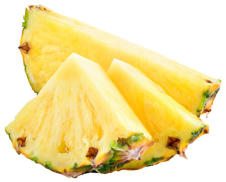 Pineapple isolated png. Pineapple slice on transparent background. Cut pineapple no background. Pineapple half of slice and pieces on transparent png. Full depth of field.