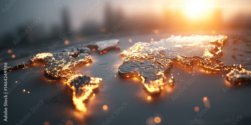 Poster Detailed View of a Glowing World Map with Illuminated Continents Set Against a Soft Blurred Background at Sunset in a Vibrant Color Scheme