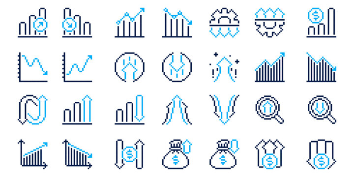 Increase and decrease pixel icon set. Vector illustration