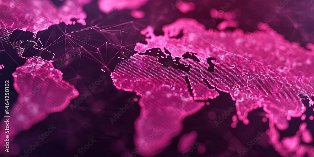 Poster abstract world map illustration in vibrant pink hues with a digital network background representing 