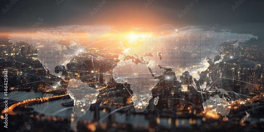 Poster abstract world map with global connections and digital network lines, futuristic design, sunset back