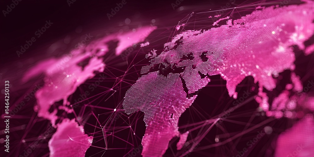 Poster abstract world map illustration in vibrant pink hues with a digital network background representing 