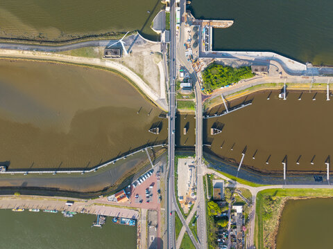 Aerial of sluice dam under construction, Afsluitdijk, Netherlands