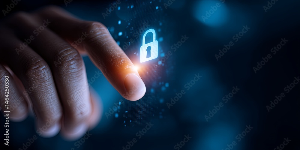 Poster Close-Up of a Hand Touching a Digital Screen with a Lock Symbol Representing Cybersecurity and Data Protection in a Modern Environment