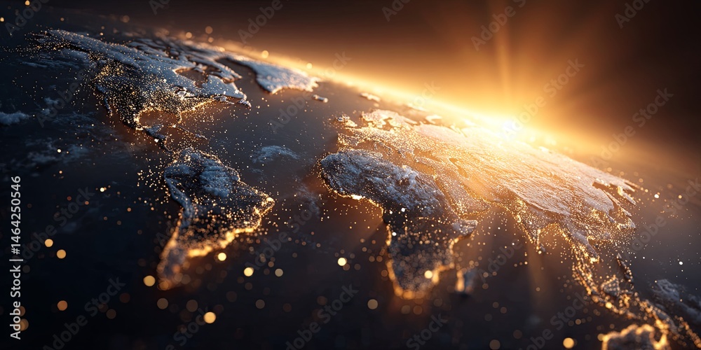 Aufkleber glowing world map with sparkling stars and warm sunset background, perfect for concepts of global co