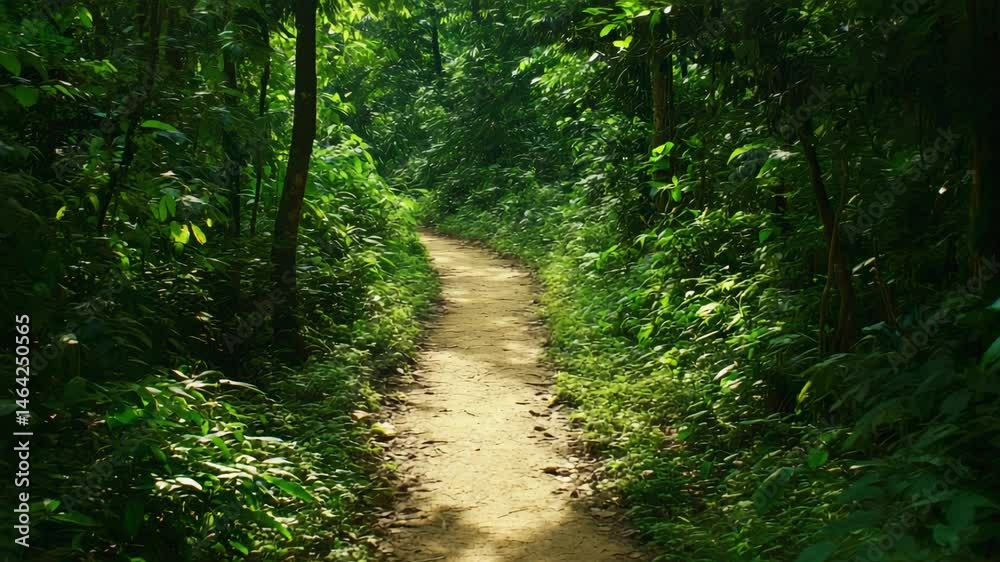 Poster Sunlight filters through the dense canopy, illuminating a winding dirt path that meanders through a vibrant green forest, creating a serene and inviting atmosphere