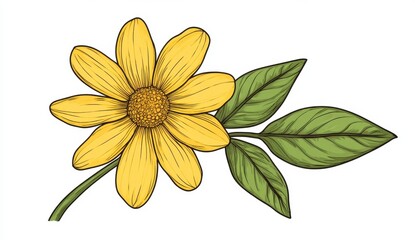 Bright Yellow Flower with Green Leaves on White Background