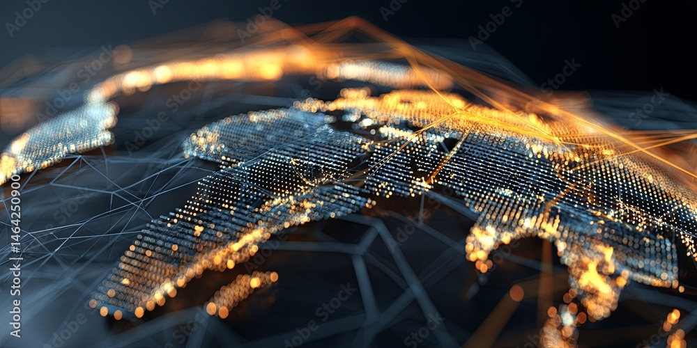 Poster Glowing Global Map with Geometric Mesh Representation of Earth, Illuminated Continents, Futuristic Design Concept, Blue and Gold Colors at Sunset