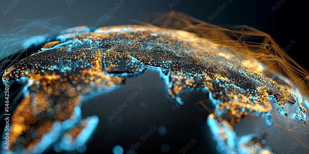 Poster glowing global map with geometric mesh representation of earth, illuminated continents, futuristic d