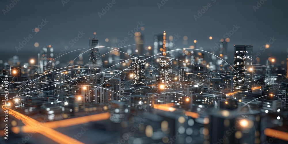 Poster Nighttime city skyline with glowing buildings and digital connection symbols representing technology and networking in an urban landscape