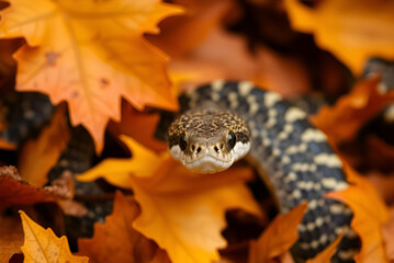 Fototapeta premium Snake slithering through autumn leaves. Head in focus. Fall background, Generative AI