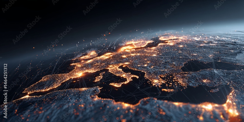 Poster illuminated world map with bright city lights and artistic digital glow effect representing global c