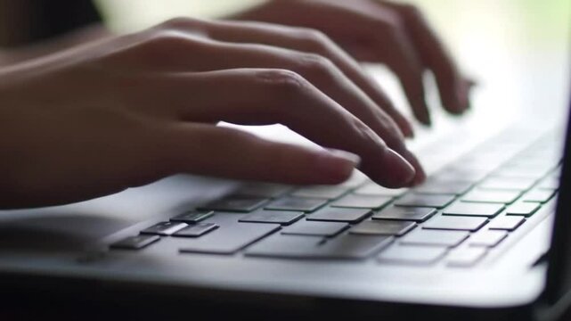 Beautiful female hands with light manicure typing on a laptop keyboard in low light, soft screen glow reflecting on fingers and keys