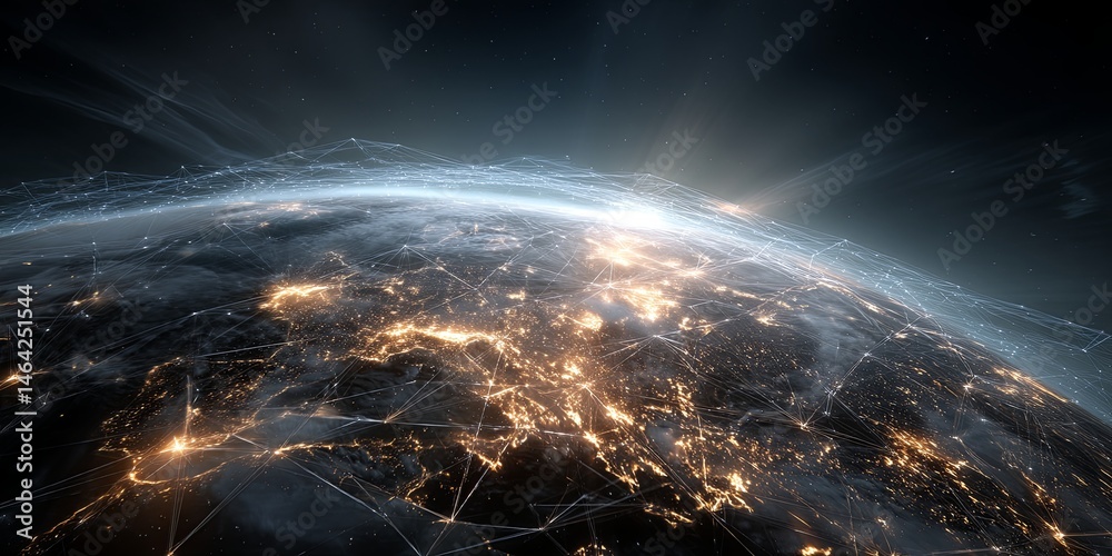 Aufkleber Stunning Digital Visual of Earth with Network Connections and Glowing Overview, Illustrating Global Connectivity and Technology Advancements in the Modern World