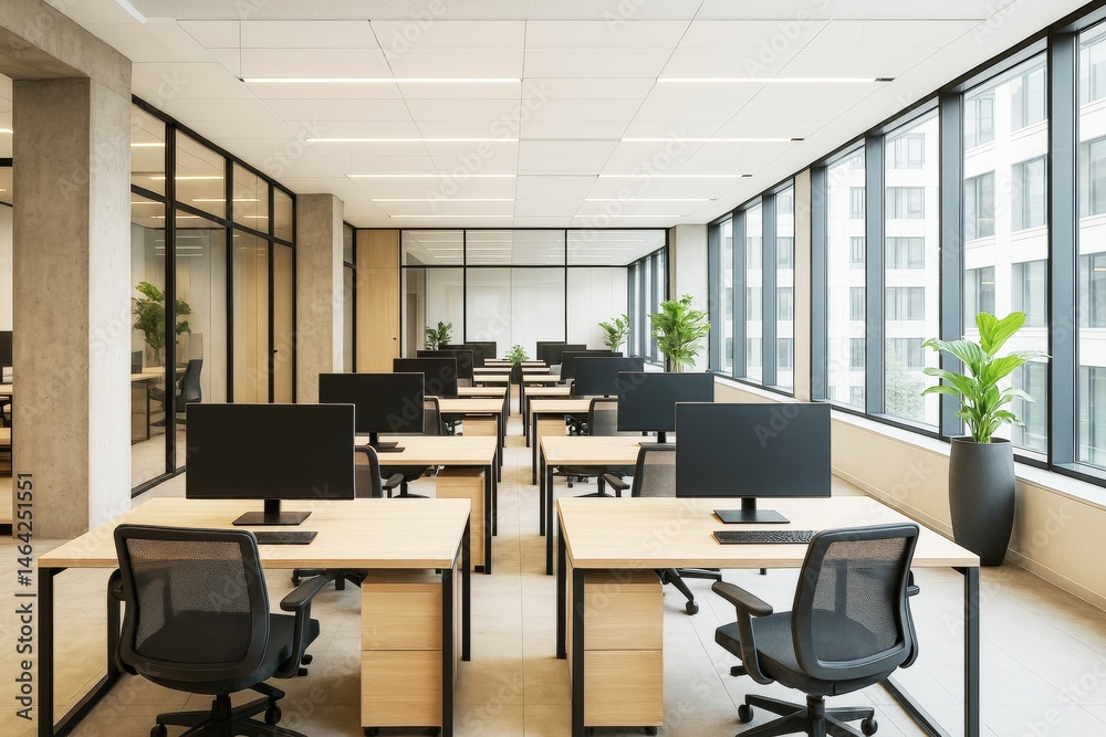 Poster modern open-plan office interior with large windows and empty workstations in a bright corporate bui