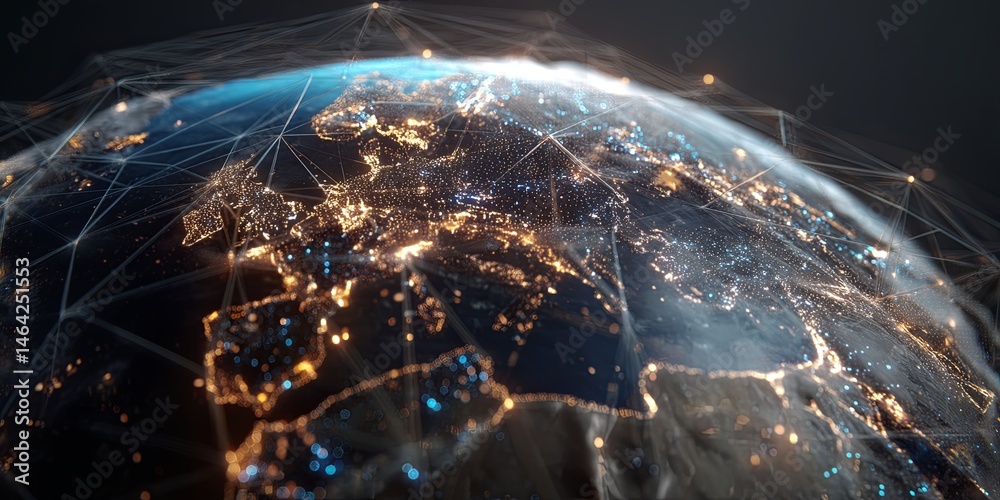 Poster Stunning Digital Visual of Earth with Network Connections and Glowing Overview, Illustrating Global Connectivity and Technology Advancements in the Modern World