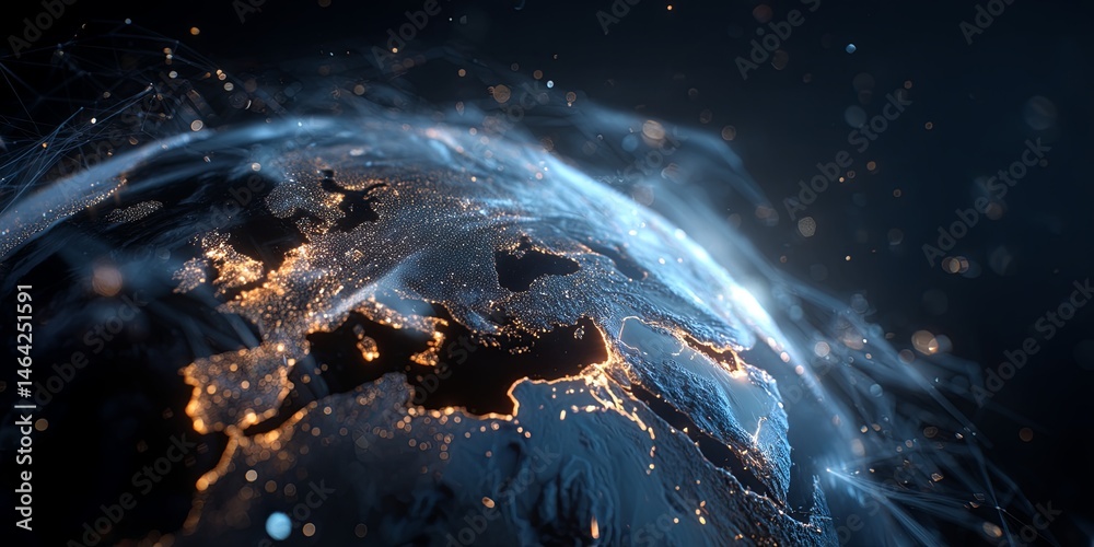 Poster Stunning Digital Visual of Earth with Network Connections and Glowing Overview, Illustrating Global Connectivity and Technology Advancements in the Modern World