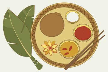 31 Traditional Indian puja thali, golden brass plate, coconut, marigold flower, kumkum powder, turmeric powder, rice grains, incense sticks, banana leaves, vibrant colors, ornate details, realistic te