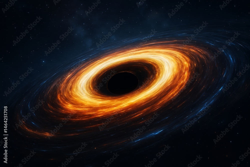 Poster glowing black hole with swirling bright light and cosmic energy in deep space with stars in abstract