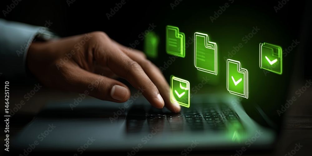 Poster Digital document verification process with a male hand interacting with a laptop, showcasing icons of files and a green checkmark on a dark background