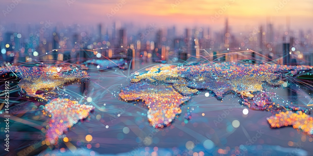 Aufkleber vibrant world map artistic representation over cityscape at sunrise with colorful dots and digital e