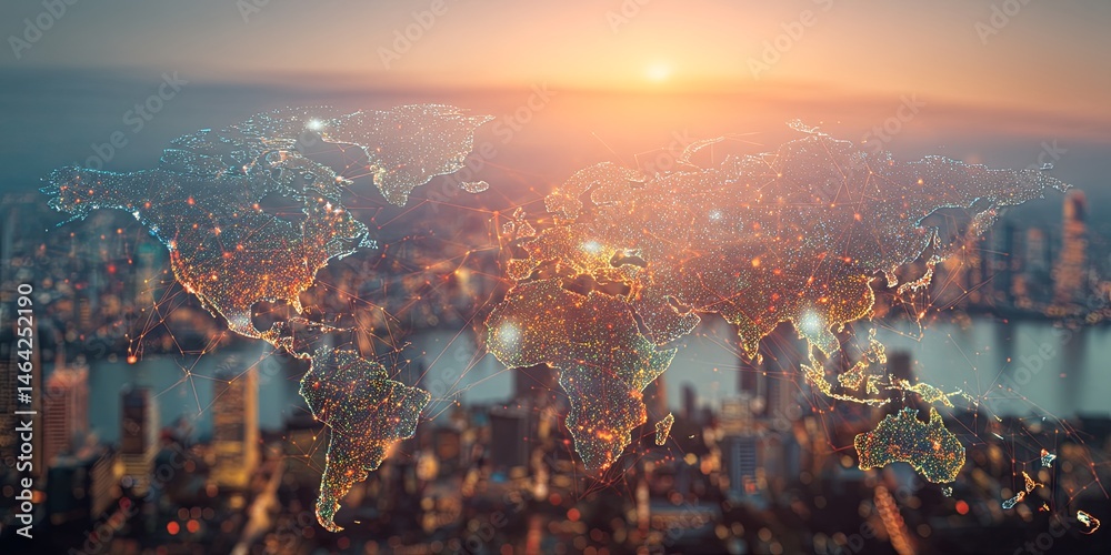 Poster vibrant world map artistic representation over cityscape at sunrise with colorful dots and digital e