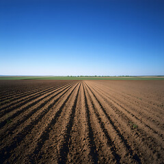 Vast Expanse of Freshly Tilled Land Under a Clear Sky Awaits New Crops