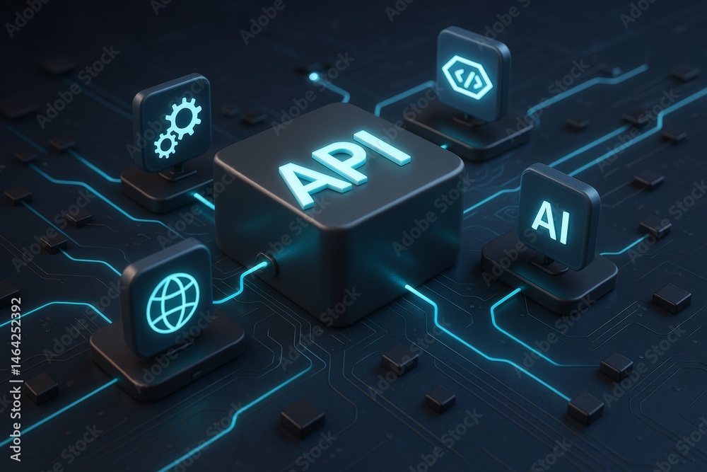 Leinwandbilder API integration concept with glowing icons for AI, internet, code, and settings on a dark technology background in futuristic 3D style.