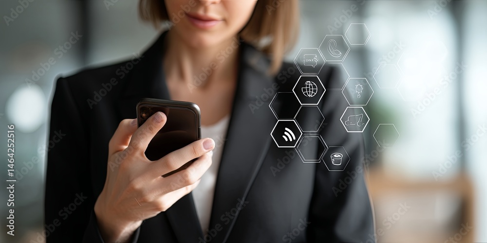 Poster Businesswoman Using Smartphone with Icons Representing Digital Communication and Networking Concepts in a Modern Office Setting