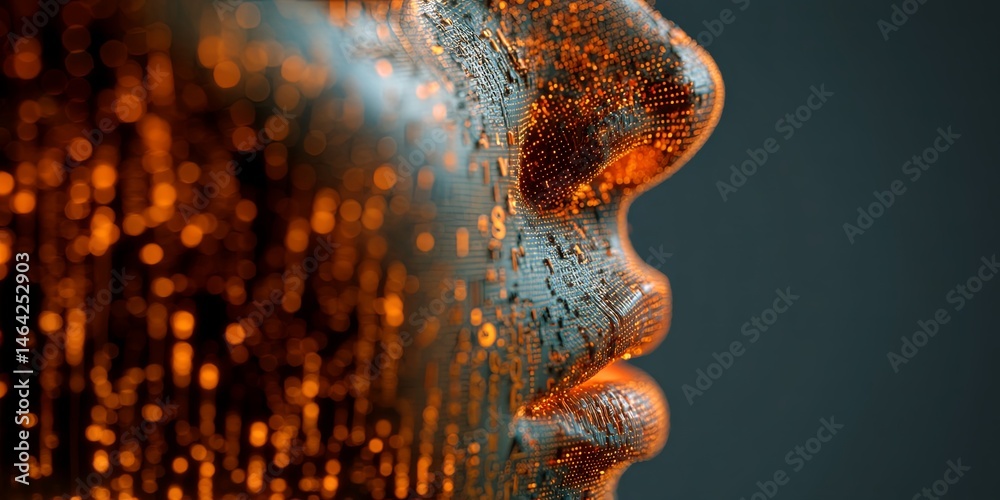 Poster Digital Human Profile with Circuitry and Binary Code for Technology and Innovation Concepts, Abstract Representation of Artificial Intelligence and Data Processing