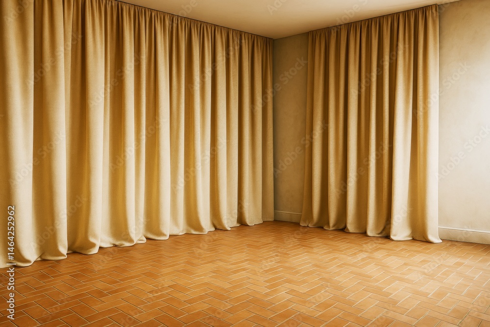 Poster empty interior with golden curtains and terracotta herringbone floor in modern clean room corner wit