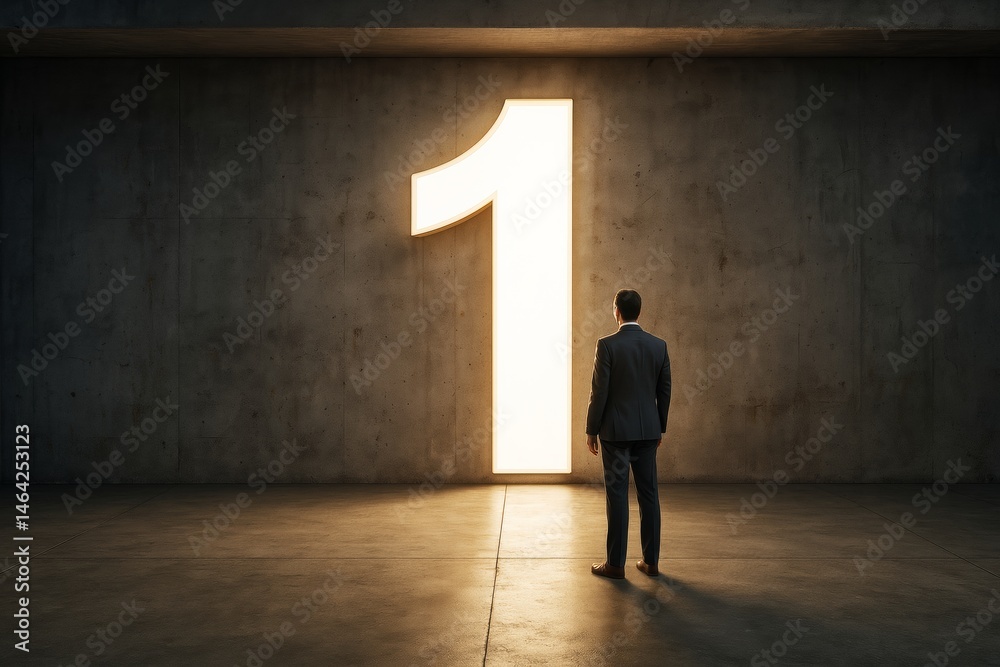 Poster businessman standing in front of giant glowing number one on dark concrete background, symbolizing l