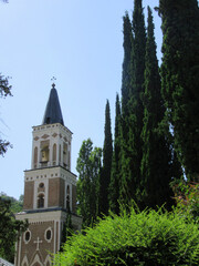 Naklejka premium Landscape with a view of the church and trees against the background of the blue sky