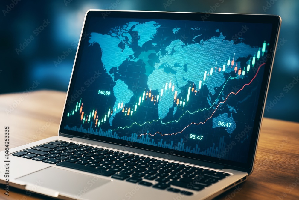 Poster Laptop displaying global financial market data with rising stock chart and world map on desk in office environment with blurred background.
