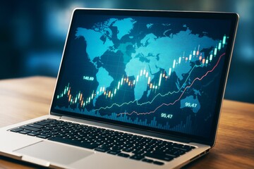 Laptop displaying global financial market data with rising stock chart and world map on desk in office environment with blurred background.