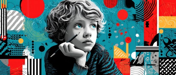 Thoughtful Caucasian boy with blue eyes holding pencil in creative abstract art background Concept of childhood imagination, creativity, and artistic expression