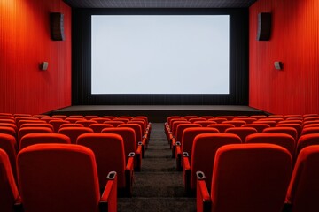 Fototapeta premium Empty modern cinema auditorium with red seats and blank screen awaiting audience