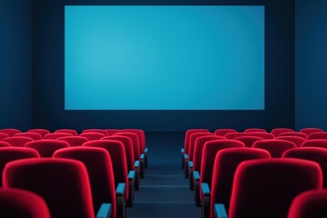 Empty modern cinema auditorium with red seats and illuminated blank screen