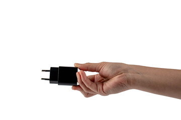 Hand and USB cables adapter, USB type A C universal plug cable, mobile phone accessory charger on transparent background.