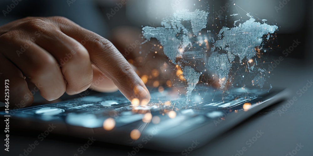 Poster Modern Workspace with Digital Technology and Data Analysis Concept Featuring Hands Using Touchscreen Tablet with Business Visuals and Global Map