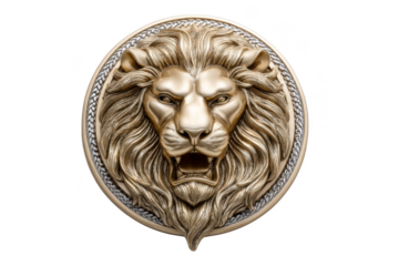 A detailed golden lion head medallion with a fierce expression and intricate mane design. Png, Transparent background.