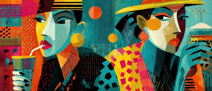 Abstract portrait of two stylish women drinking, vibrant colors and geometric shapes in a modern art deco style, evoking a sense of sophistication and artistic expression